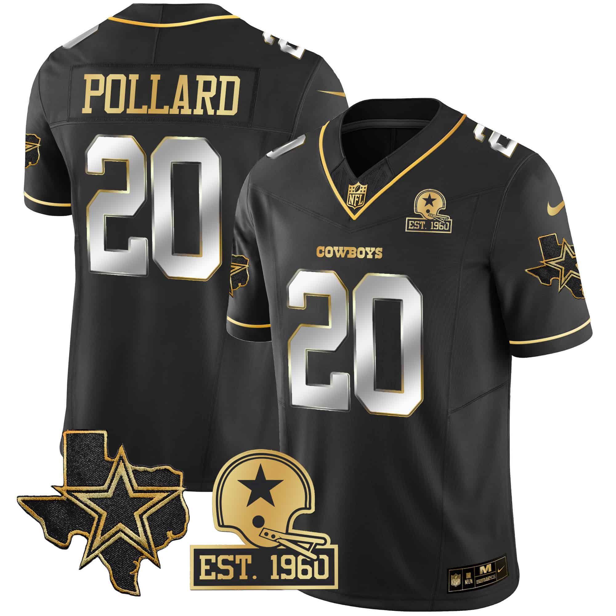 Men Dallas Cowboys 20 Pollard Black Gold 2024 Nike Patch Vapor NFL Jersey style 2